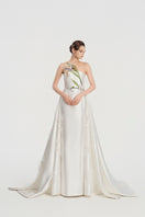 White taffeta bamboo strapless gown by Tracy Studio, elegant evening dress with sleek design and smooth fabric.