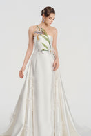 White taffeta bamboo strapless gown by Tracy Studio, elegant dress with smooth fabric and fitted bodice.