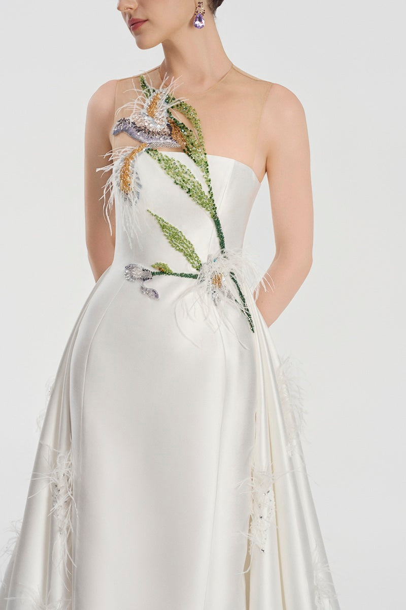 White taffeta bamboo strapless maxi dress by Tracy Studio, flowing fabric with elegant design and fitted bodice.