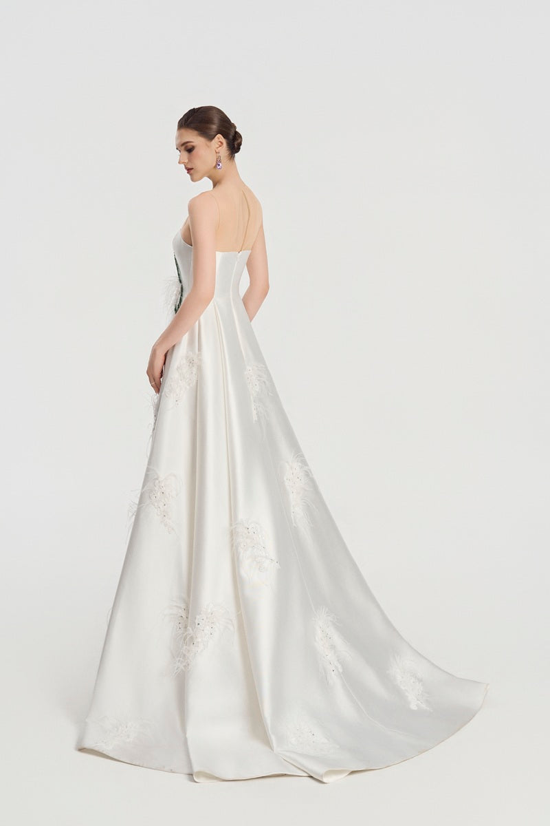 White taffeta bamboo strapless maxi dress by Tracy Studio, flowing design with elegant fabric and fitted bodice.