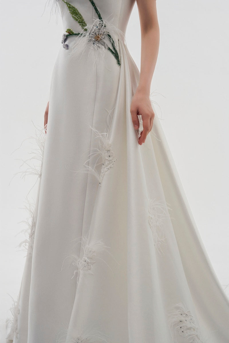 White taffeta bamboo strapless maxi dress by Tracy Studio, flowing and elegant, perfect for formal occasions.