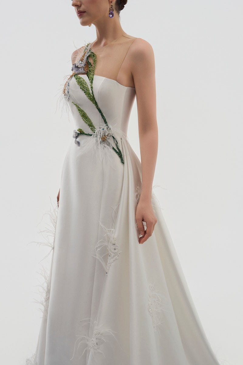 White taffeta bamboo strapless maxi dress by Tracy Studio, featuring a flowing design and elegant fit.
