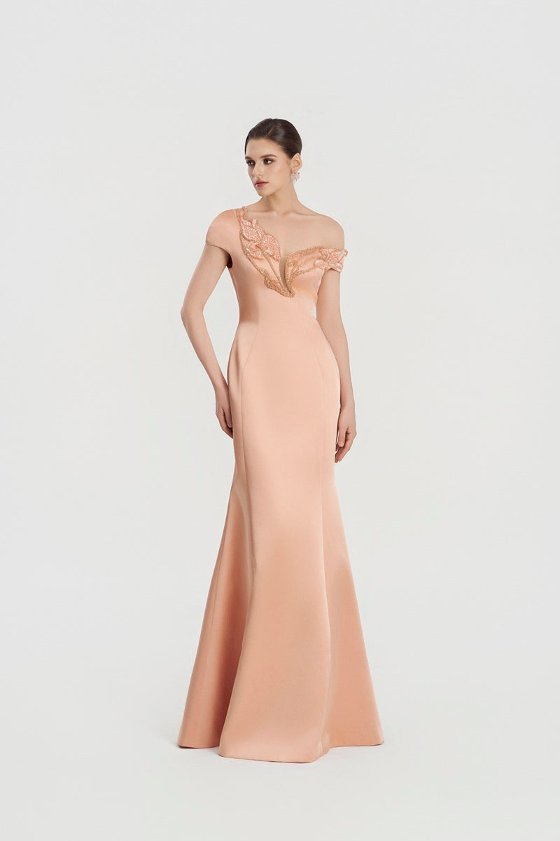 Peach taffeta mikado mermaid maxi dress by Tracy Studio, featuring a fitted silhouette and elegant design.
