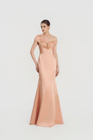Peach taffeta mikado mermaid gown by Tracy Studio, featuring a fitted silhouette and elegant fabric for formal occasions.