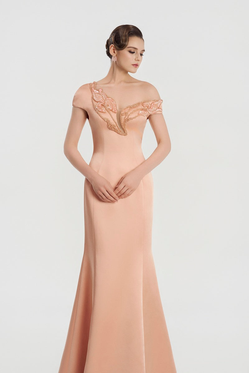 Peach taffeta mikado mermaid maxi dress by Tracy Studio, fitted silhouette with elegant draping and a sweetheart neckline.