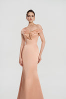 Peach taffeta mikado mermaid gown by Tracy Studio with fitted bodice and flared skirt, elegant formal evening dress.
