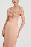 Peach taffeta mikado mermaid gown by Tracy Studio with fitted bodice and flared hem, elegant formal evening dress.