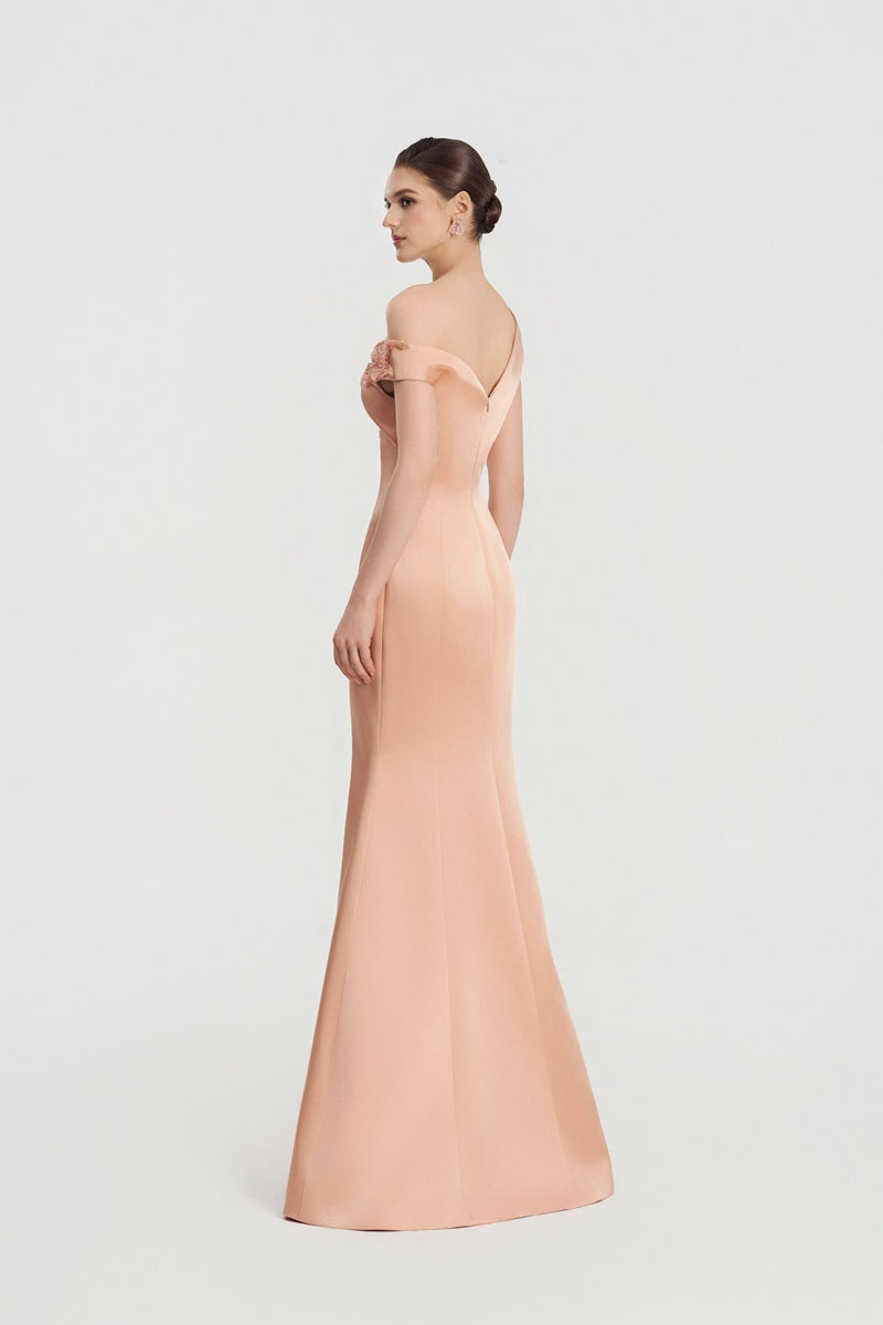 Peach taffeta mikado mermaid maxi dress by Tracy Studio featuring a fitted silhouette and elegant design.