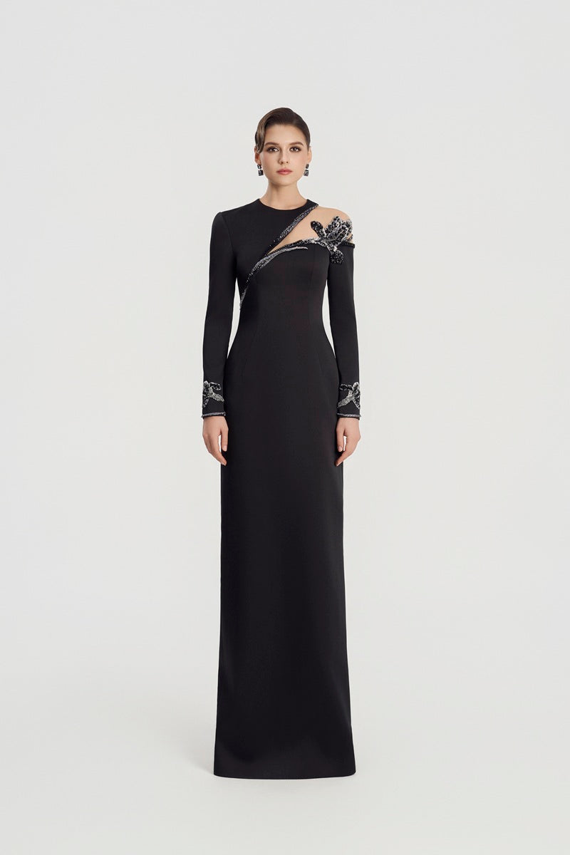 Black TAFFETA MIKADO straight maxi dress by Tracy Studio, featuring a sleek, elegant design with a fitted silhouette.