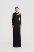 Black Taffeta Mikado straight gown by Tracy Studio, elegant dress with sleek silhouette and smooth fabric.
