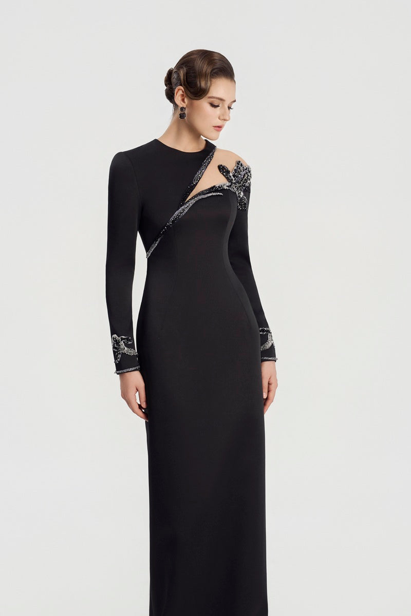 Black TAFFETA MIKADO straight maxi dress by Tracy Studio, shown on a model with elegant, smooth fabric and a sleek silhouette.