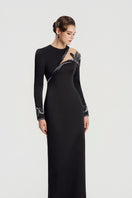 Black taffeta mikado straight gown by Tracy Studio, elegant evening dress with a sleek silhouette and smooth fabric.