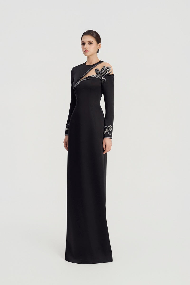 Black Taffeta Mikado straight maxi dress by Tracy Studio, elegant full-length dress with structured fabric and sleek silhouette.