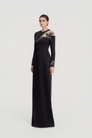 Black Taffeta Mikado straight gown by Tracy Studio, featuring elegant, smooth fabric and a sleek, fitted silhouette.