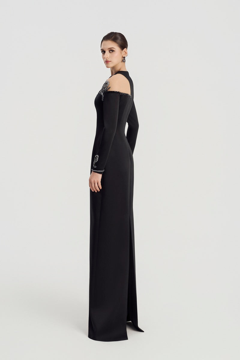Black TAFFETA MIKADO straight maxi dress by Tracy Studio, shown with elegant fabric and sleek silhouette.
