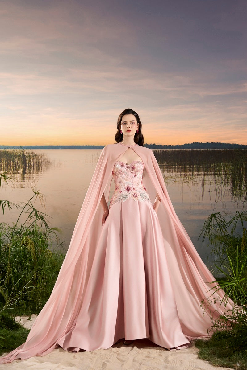Pink chiffon A-line maxi gown by Tracy Studio, flowing fabric and elegant design, perfect for formal occasions.