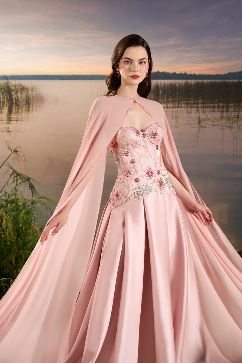 Pink chiffon A-line maxi dress by Tracy Studio, flowing fabric and elegant design, perfect for formal occasions