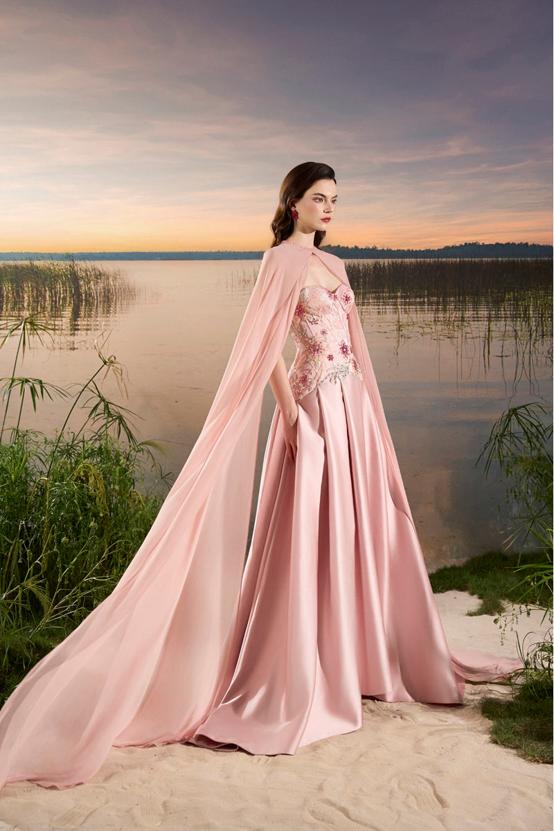 Pink chiffon A-line maxi dress by Tracy Studio, flowing fabric and elegant design suitable for formal occasions.