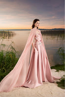 Pink chiffon A-line gown by Tracy Studio, flowing fabric and elegant silhouette perfect for formal occasions.