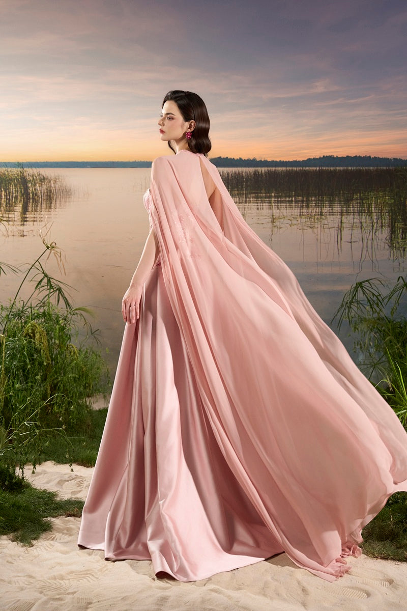 Pink chiffon A-line maxi gown by Tracy Studio, flowing fabric and elegant design, perfect for formal occasions.