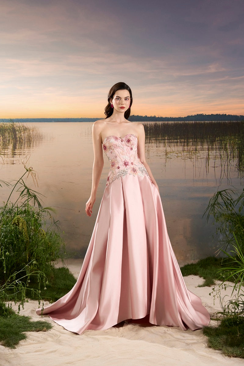 Pink chiffon A-line maxi gown by Tracy Studio, flowing dress with elegant fabric and fitted waist, perfect for formal occasions.
