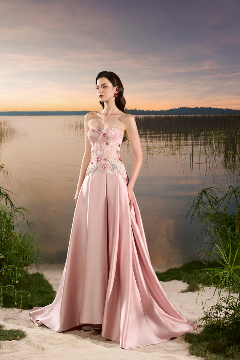 Pink chiffon A-line maxi gown by Tracy Studio, flowing fabric with elegant design, perfect for formal occasions.