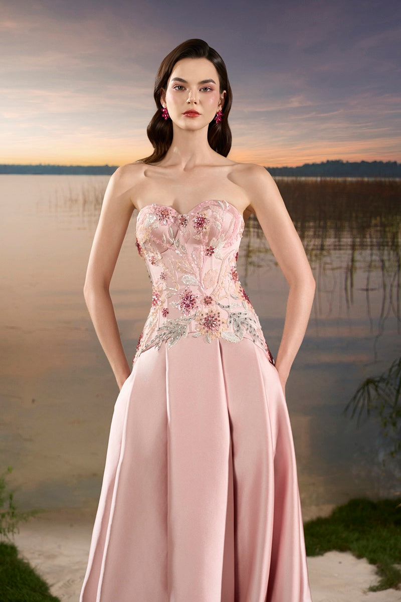 Pink chiffon A-line maxi gown by Tracy Studio, flowing fabric and elegant design perfect for formal occasions.