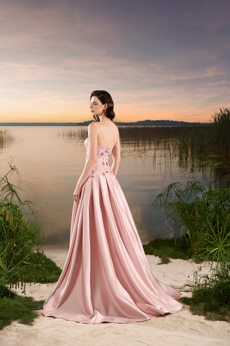 Pink chiffon A-line maxi dress by Tracy Studio, flowing and elegant with a fitted bodice and full skirt.