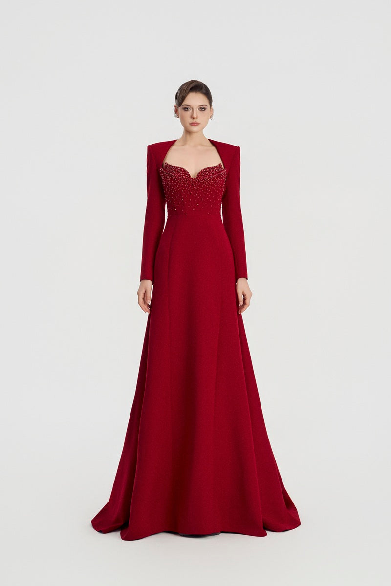 Red velvet satin A-line maxi dress by Tracy Studio, featuring a flowing silhouette and elegant design.