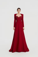 Red velvet satin A-line gown by Tracy Studio, featuring elegant flowing fabric and classic design for formal occasions.