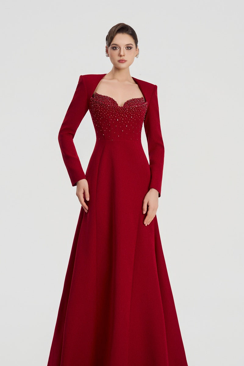 Red velvet satin A-line maxi dress by Tracy Studio featuring a flowing silhouette and elegant design.