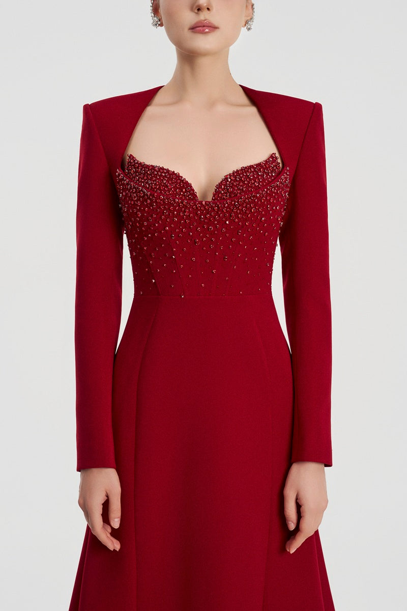 Red velvet satin A-line maxi dress by Tracy Studio, featuring a flowing silhouette and elegant design.