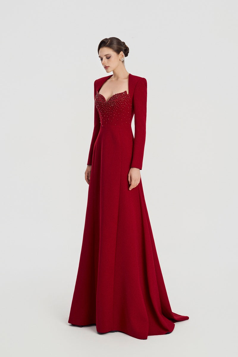 Red velvet satin A-line maxi dress by Tracy Studio featuring a flowing silhouette and elegant design.