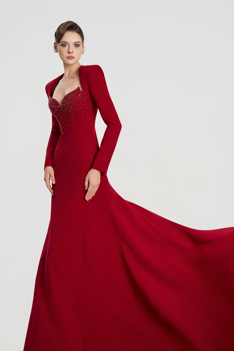 Red velvet satin A-line maxi dress by Tracy Studio, featuring a flowing silhouette and elegant design.