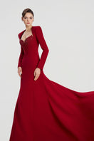Red velvet satin A-line gown by Tracy Studio, featuring a flowing silhouette and elegant design for formal occasions.