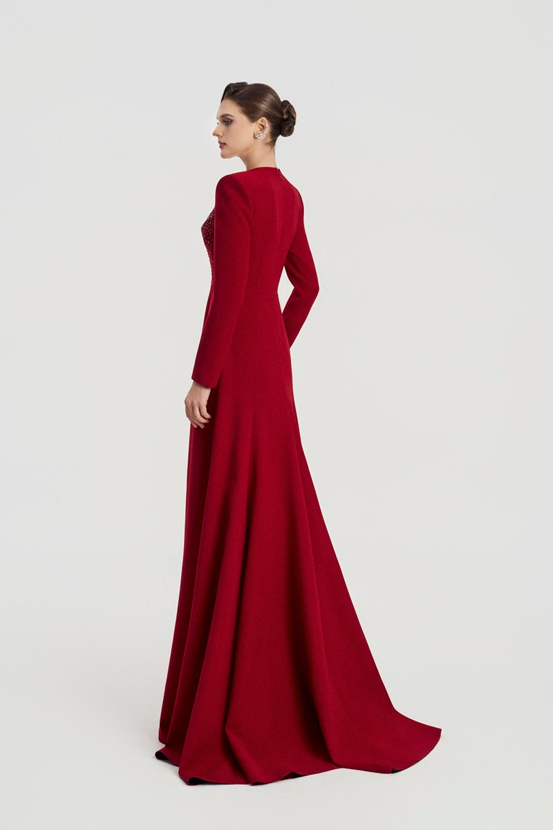 Red velvet satin A-line maxi dress by Tracy Studio, featuring a flowing silhouette and elegant design.