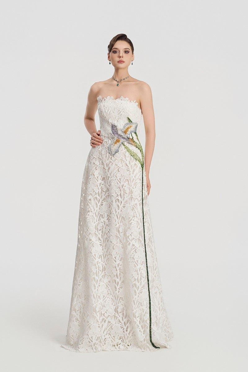 LACE BEADED MAXI DRESS IN WHITE