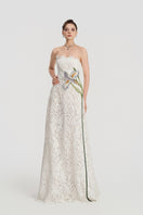 White lace beaded gown by Tracy Studio, elegant floor-length dress with intricate beadwork and delicate lace details.