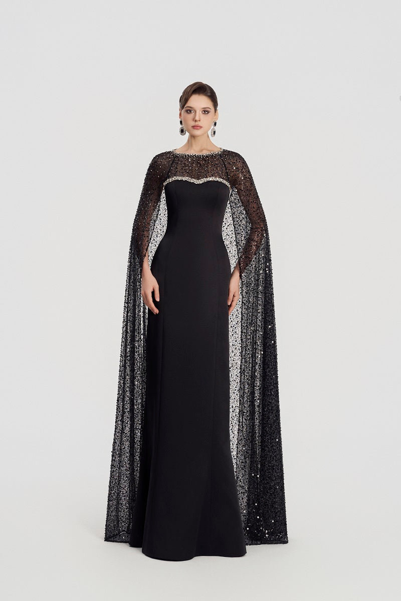 Black taffeta mikado boat neck maxi dress by Tracy Studio, elegant and flowing with a sophisticated silhouette.