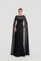 Black Taffeta Mikado boat neck gown by Tracy Studio, elegant dress with a fitted silhouette and classic boat neckline.