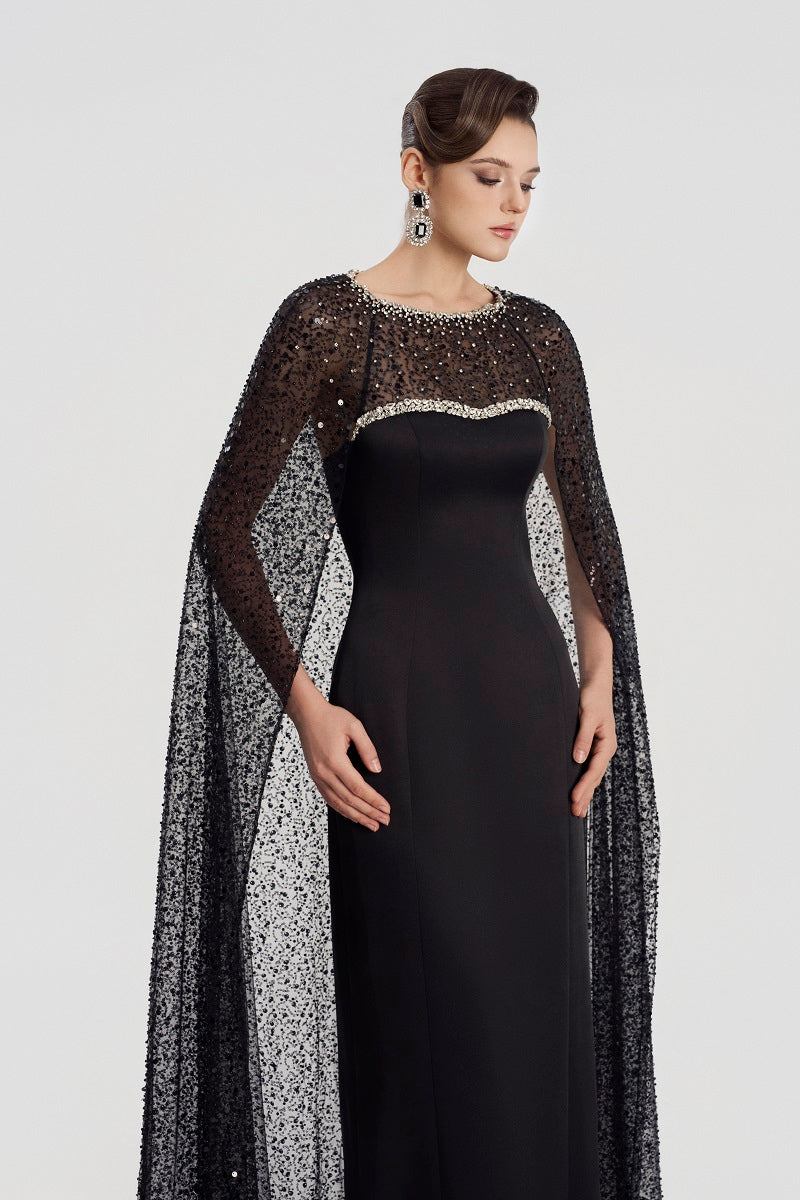 Black taffeta mikado boat neck maxi dress by Tracy Studio, elegant design with a flowing silhouette and sophisticated style.