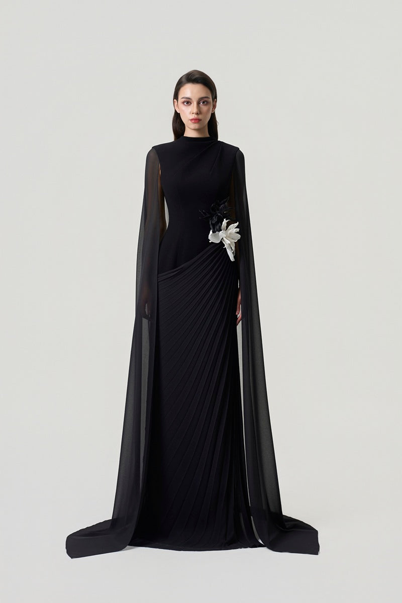 CHIFFON LONG SLEEVE GOWN IN BLACK