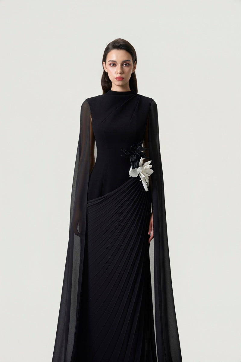 Black chiffon long sleeve maxi dress by Tracy Studio, flowing fabric, elegant design, full length with fitted bodice.