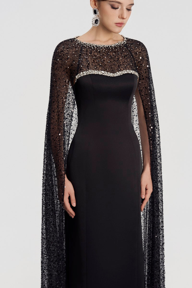 Black taffeta mikado boat neck maxi dress by Tracy Studio, showcasing elegant fabric and sophisticated design.