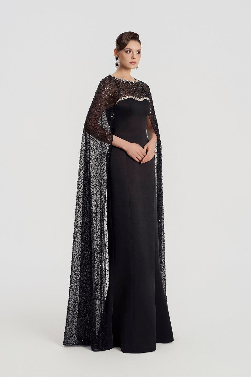 Black taffeta mikado boat neck maxi dress by Tracy Studio, featuring a sleek silhouette and elegant design.