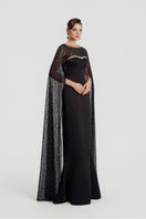 Black taffeta mikado gown with boat neck from Tracy Studio, featuring a sleek and elegant design perfect for formal occasions.