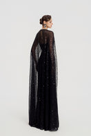 Black Taffeta Mikado boat neck gown by Tracy Studio, featuring a sleek design and elegant silhouette.
