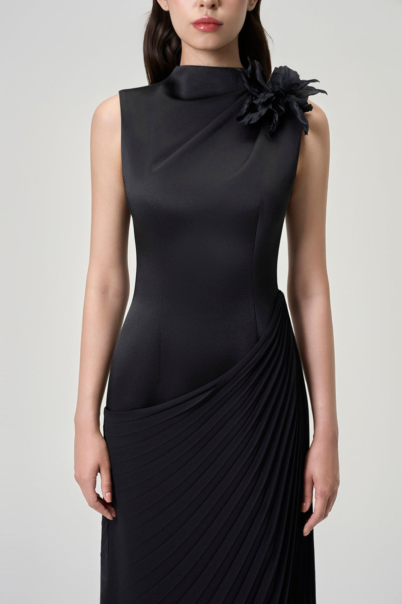Black chiffon high neck maxi dress by Tracy Studio, flowing fabric and elegant design perfect for formal occasions.