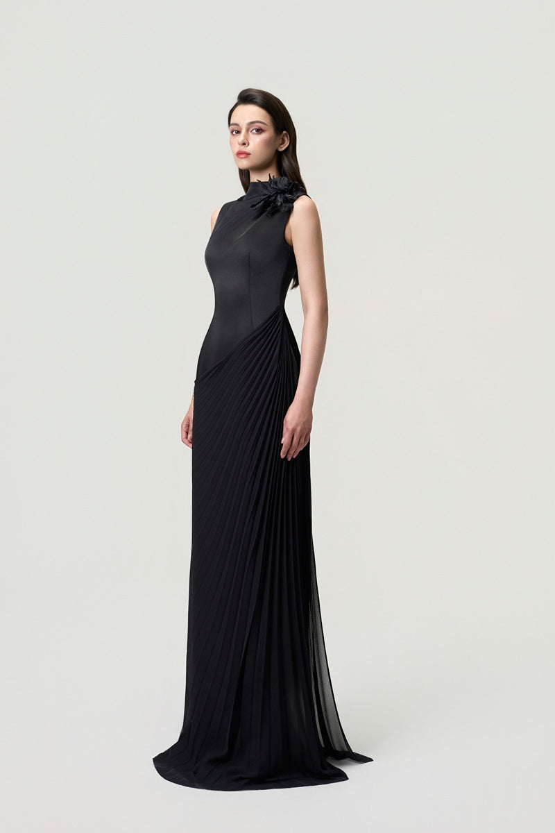 Black chiffon high neck maxi dress by Tracy Studio, flowing fabric and elegant design perfect for formal occasions.