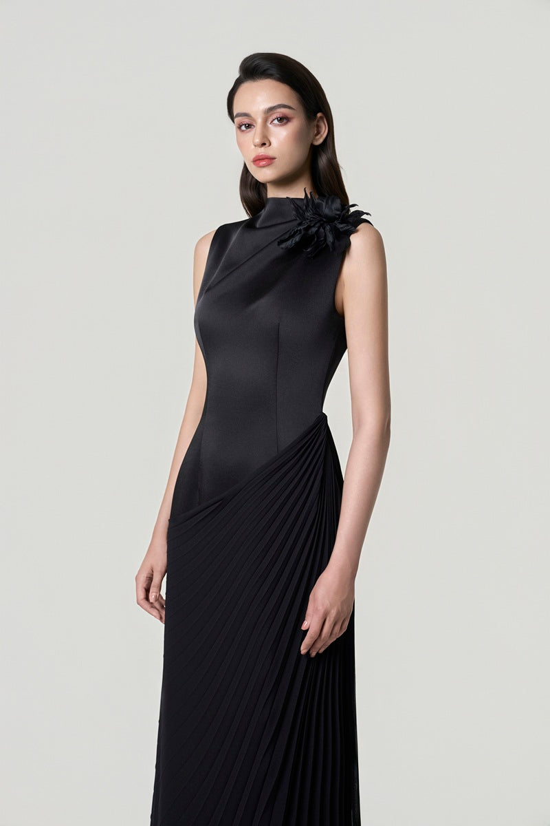 Black chiffon high neck maxi dress by Tracy Studio, flowing fabric and elegant design showcased in the image.